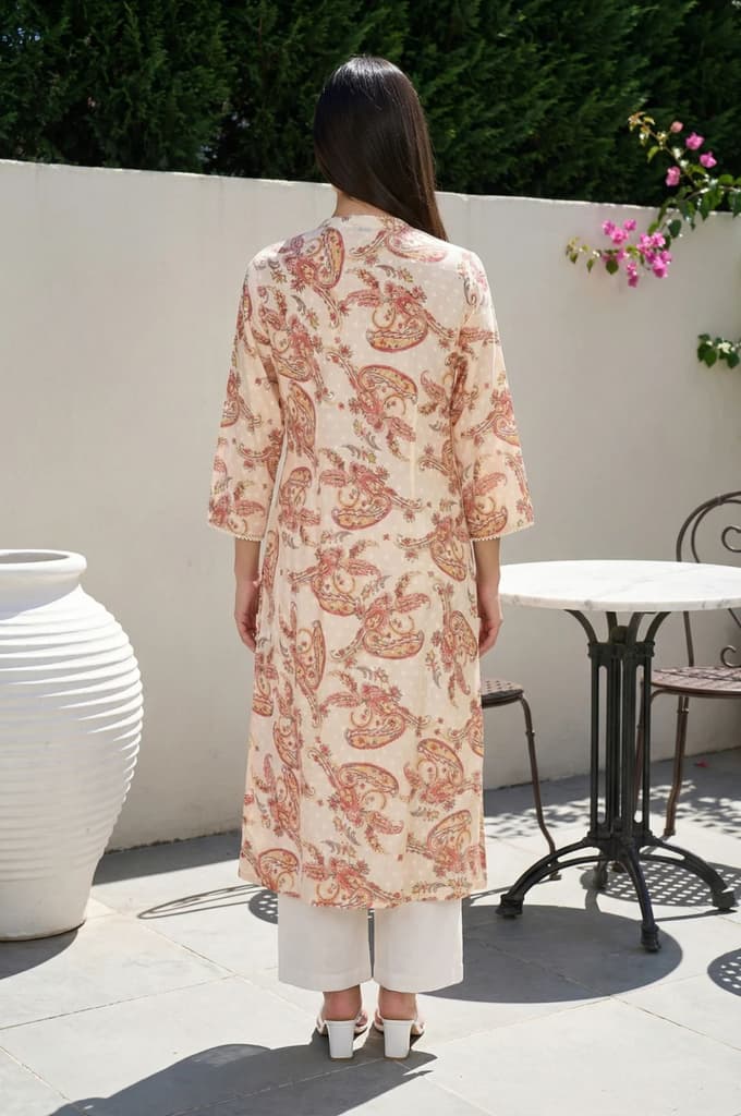 Beige Paisley Printed Pure Cotton Straight Kurta with Lace — photo 4