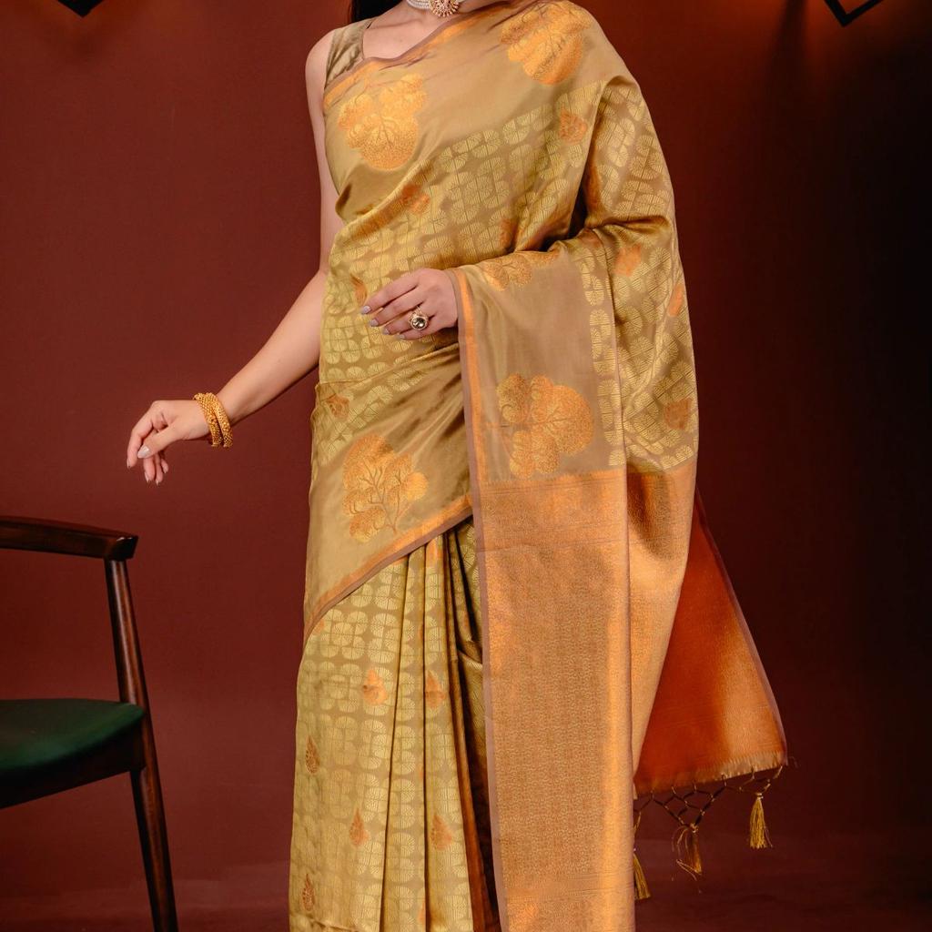 Mimosa Women's Woven Design Kanjivaram Style Art Silk Saree With Blouse Piece : SA00001762GDFREE