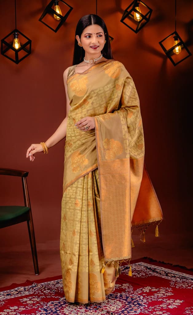 Mimosa Women's Woven Design Kanjivaram Style Art Silk Saree With Blouse Piece : SA00001762GDFREE — Gold