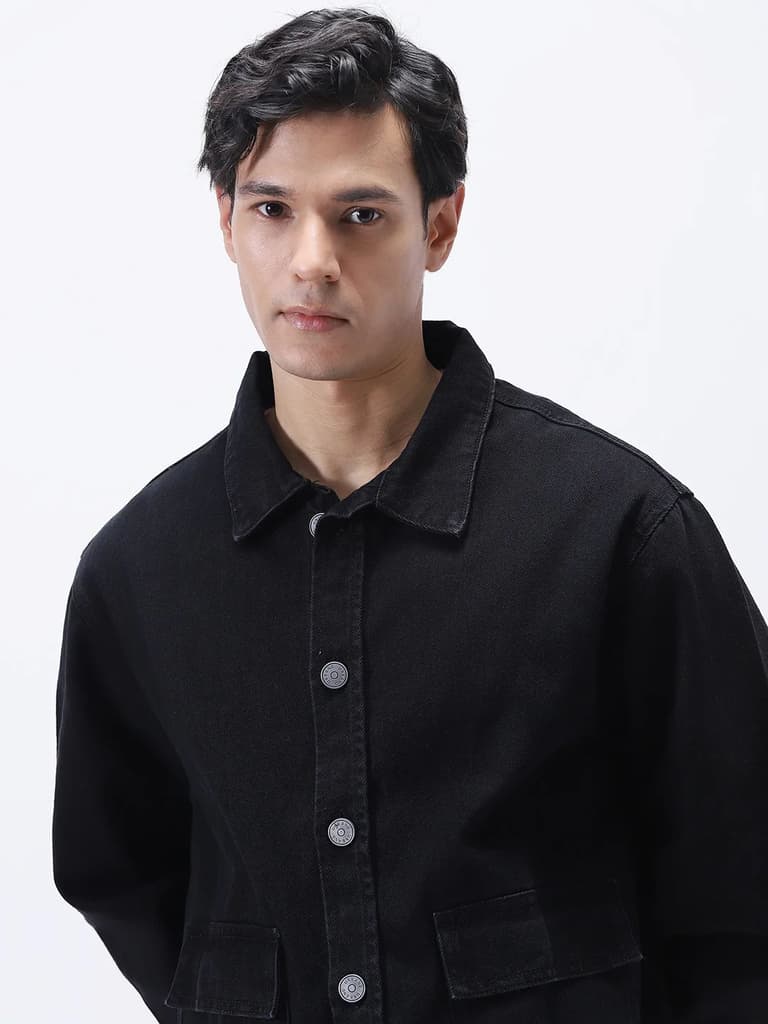 Men's Black Relaxed Fit Full Sleeve Utility Denim Jacket — photo 6