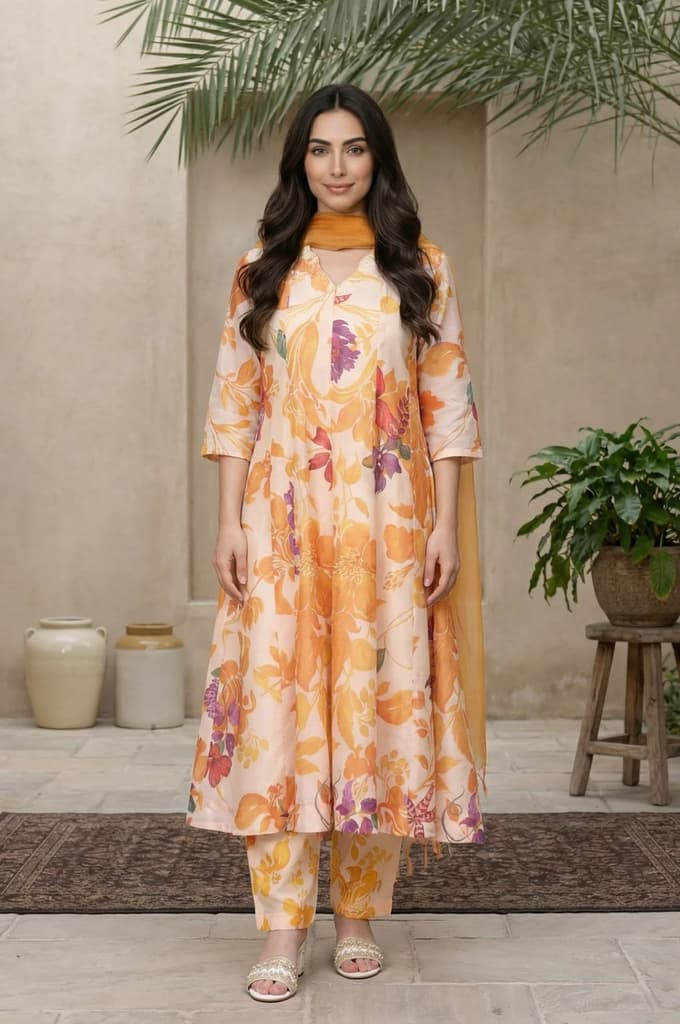 Peach Floral Printed A-Line Kurta with Straight Pant and Dupatta Set — XS