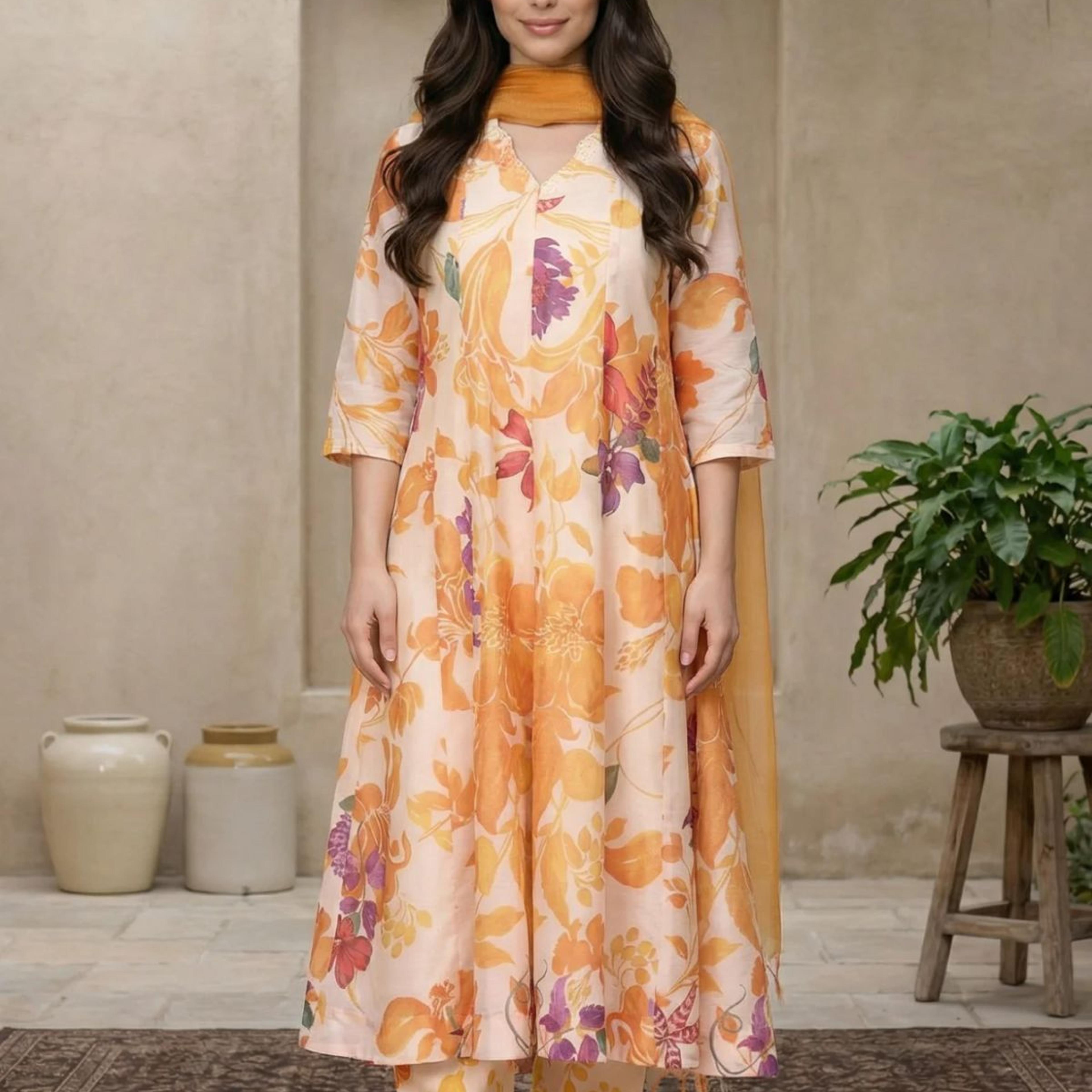 Peach Floral Printed A-Line Kurta with Straight Pant and Dupatta Set