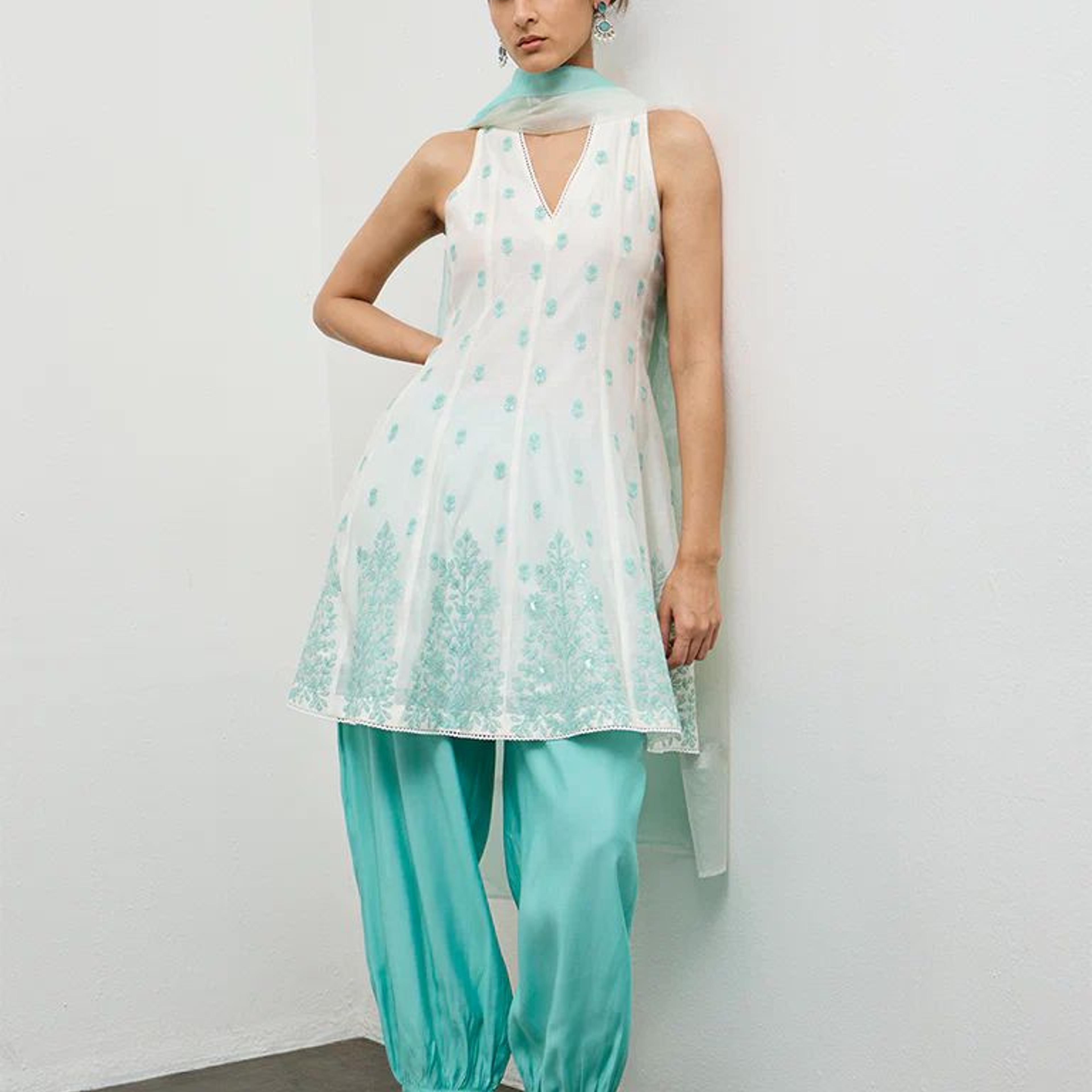 Vark Off-White Embroidered A-Line Ethnic Set