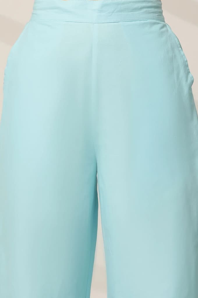 Sky Blue Embroidered Wide Leg Cotton Palazzo With Elasticated Waist — photo 6