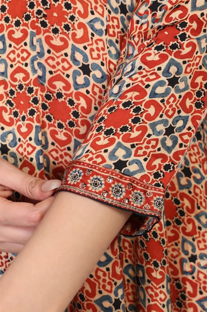 Beige Ethnic Motifs Printed Embellished Anarkali Satin Kurta with Straight Pant and Dupatta Set — photo 8