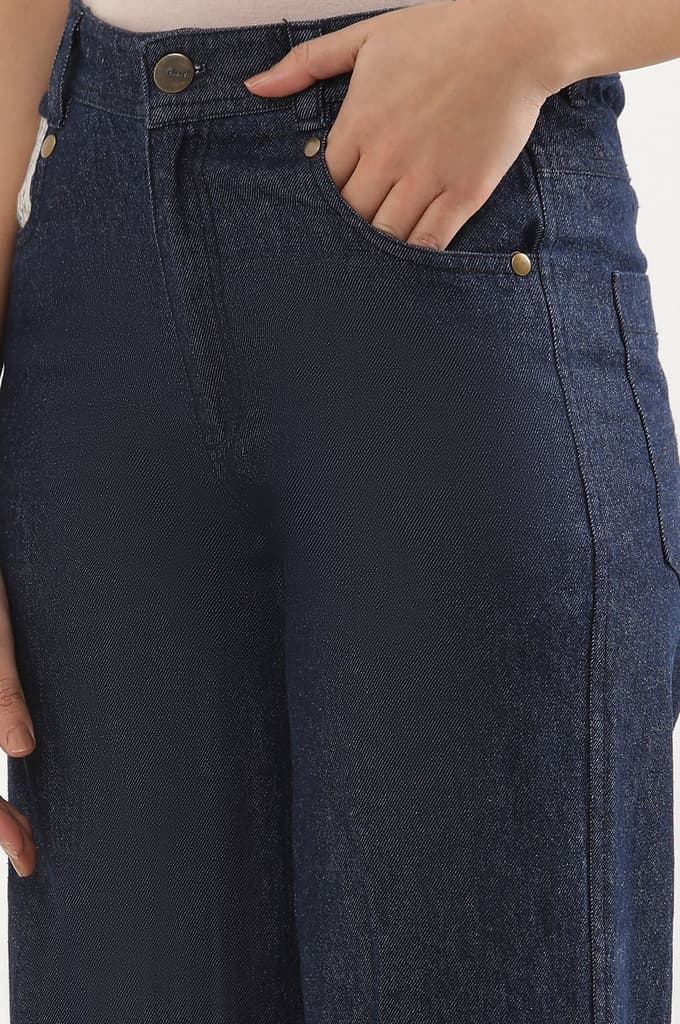Blue Solid Flared Denim Palazzo With Printed Side Inserts — photo 7