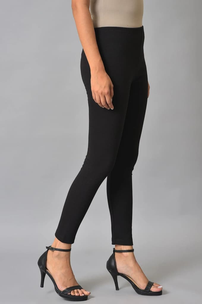 Black Solid Skinny Fit Cotton Tights With Elasticated Waistband — photo 4