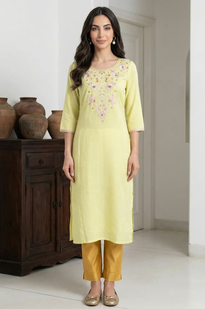 Mustard Solid Chanderi Straight Fit Ankle Length Trousers — photo 4
