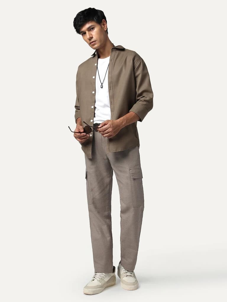 Men's Light Khaki Straight Fit Linen Cargo Pants with 6 Pockets — photo 4