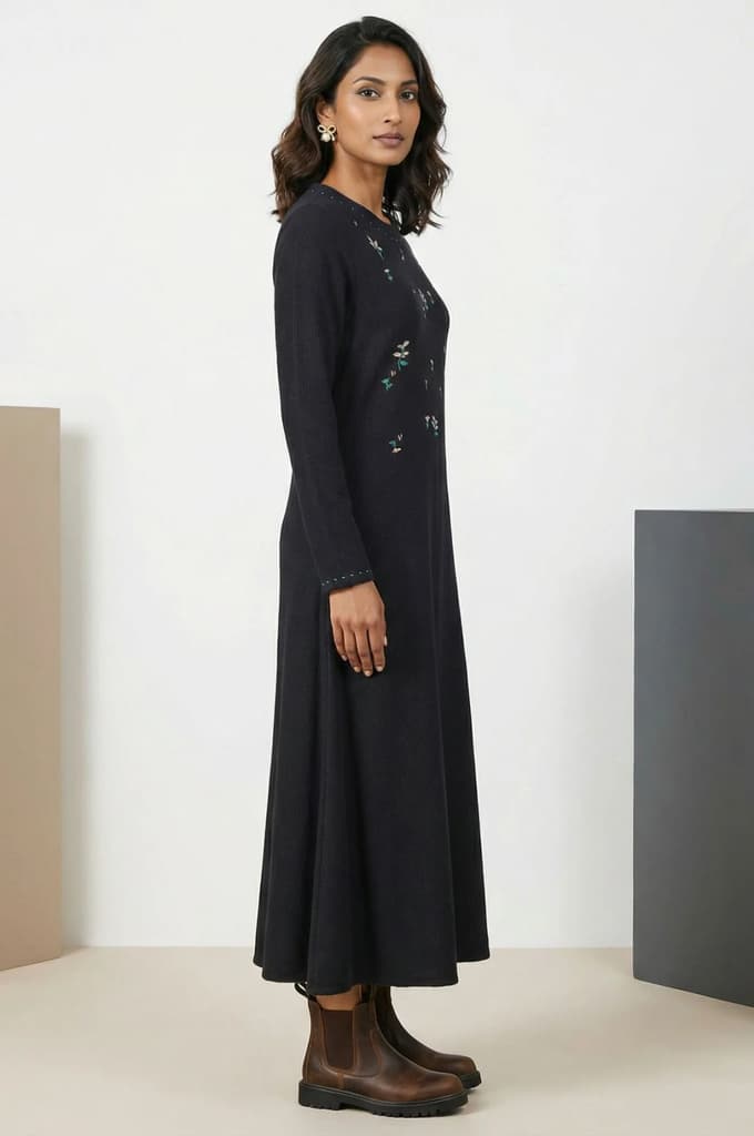 Black Yarn Dyed Embroidered Rayon Blend A-line Winter Dress — photo 5
