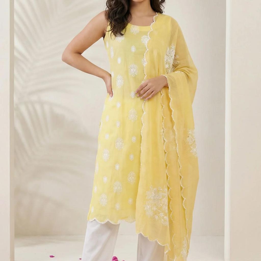 Yellow Cut Work Floral Printed Damini Dupatta