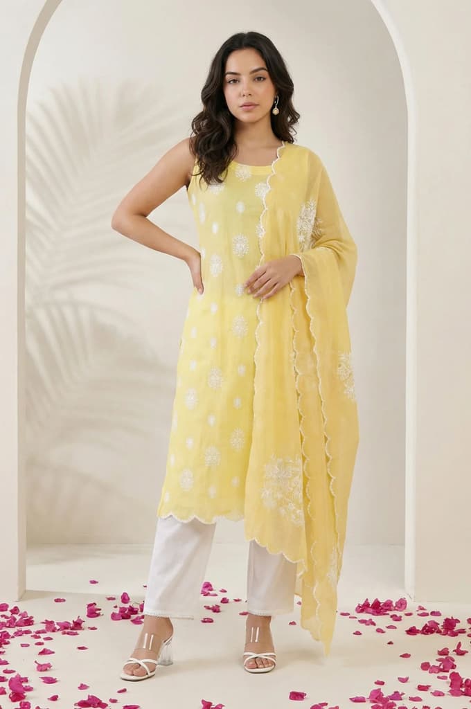 Yellow Cut Work Floral Printed Damini Dupatta — WFS