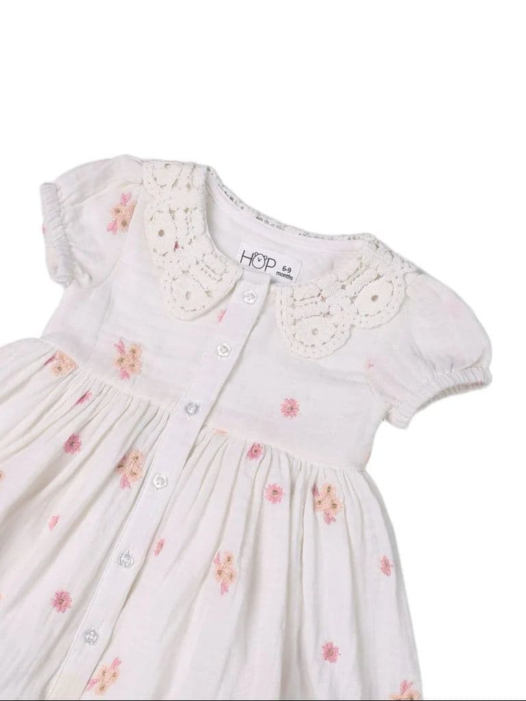 HOP Baby Girls White Floral Embroidered Cotton Dress — photo 4