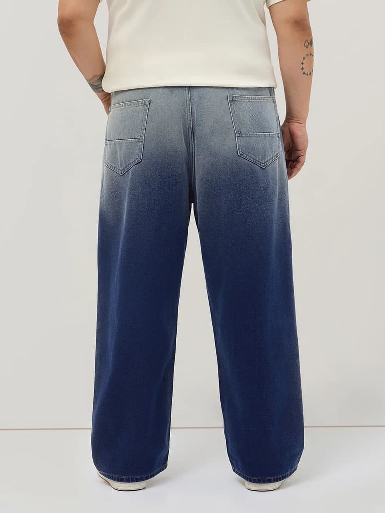 Plus Men's Dark Blue Loose Baggy Fit Heavy Washed Faded Denim Jeans Non-Stretchable — photo 3