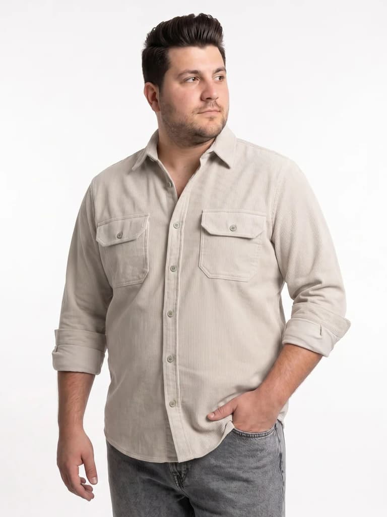 Plus Men's White Corduroy Full Sleeve Regular Fit Solid Overshirt with Utility Pockets — photo 2