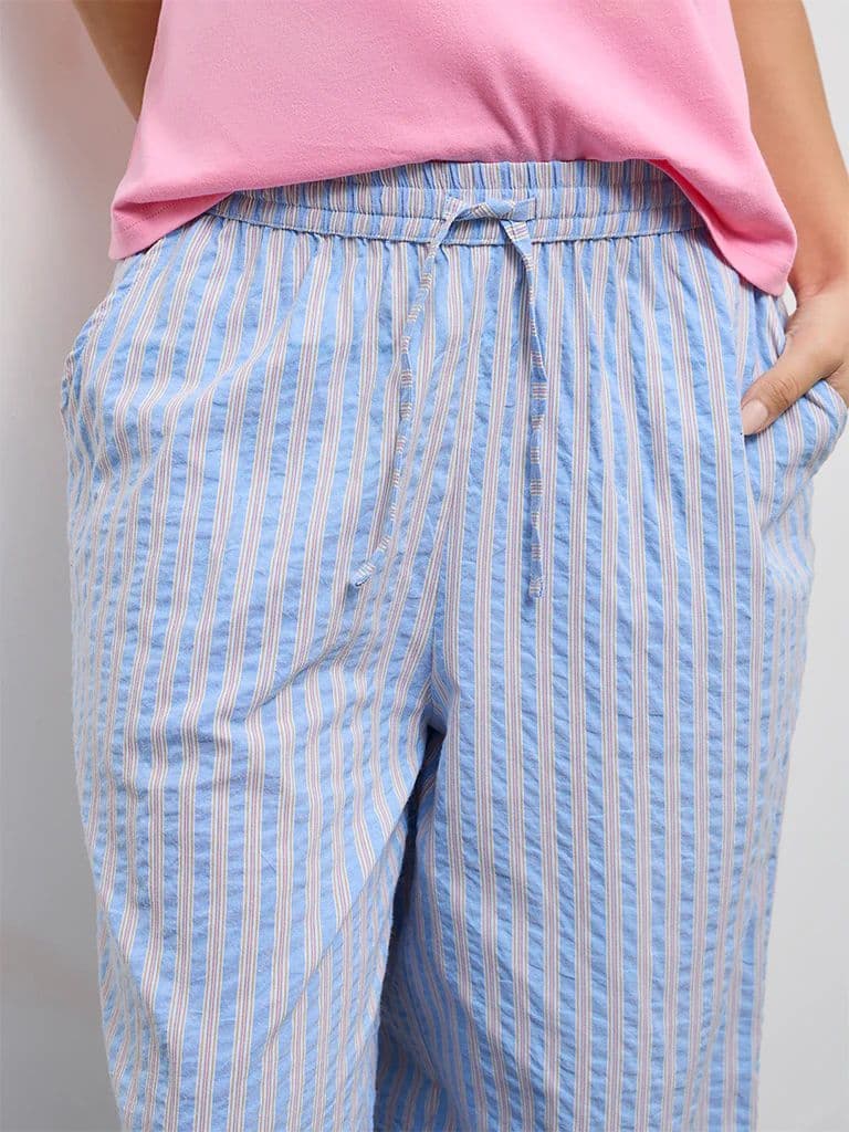Wunderlove Blue Striped High-Rise Cotton-Blend Pants — photo 3
