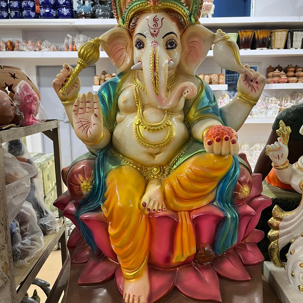 Ganesh Statue | Sculpture | Ceramic | Gold, Green, Pink, Yellow