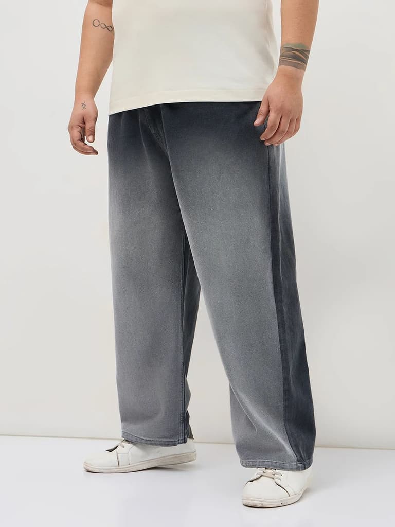 Plus Men's Dark Grey Loose Baggy Fit Heavy Washed Faded Denim Jeans Non-Stretchable — photo 2