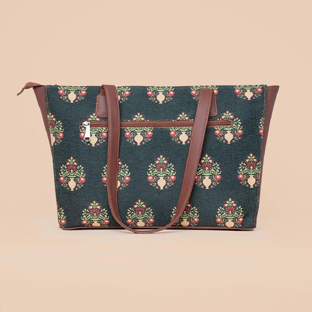 Royal Green Mogra Print Office Tote Bag