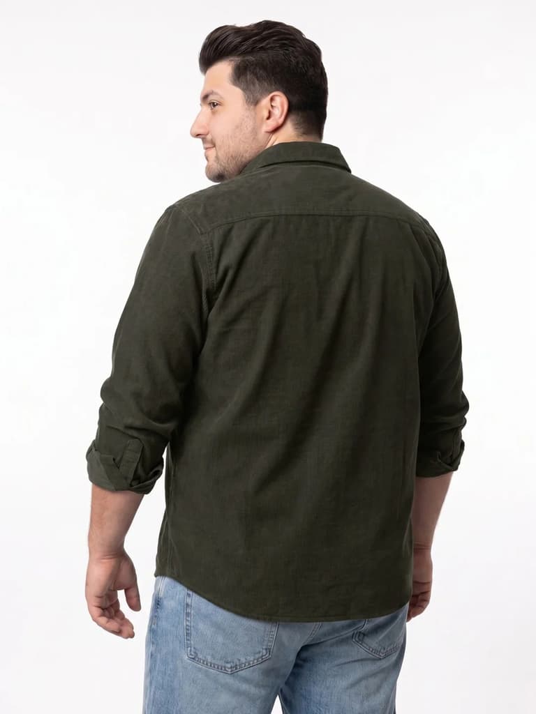 Plus Men's Dark Olive Corduroy Full Sleeve Regular Fit Solid Overshirt with Utility Pockets — photo 3