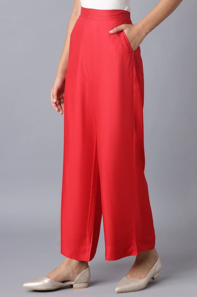 Red Solid Straight Fit Tencel Pants With Elasticated Waist — photo 3