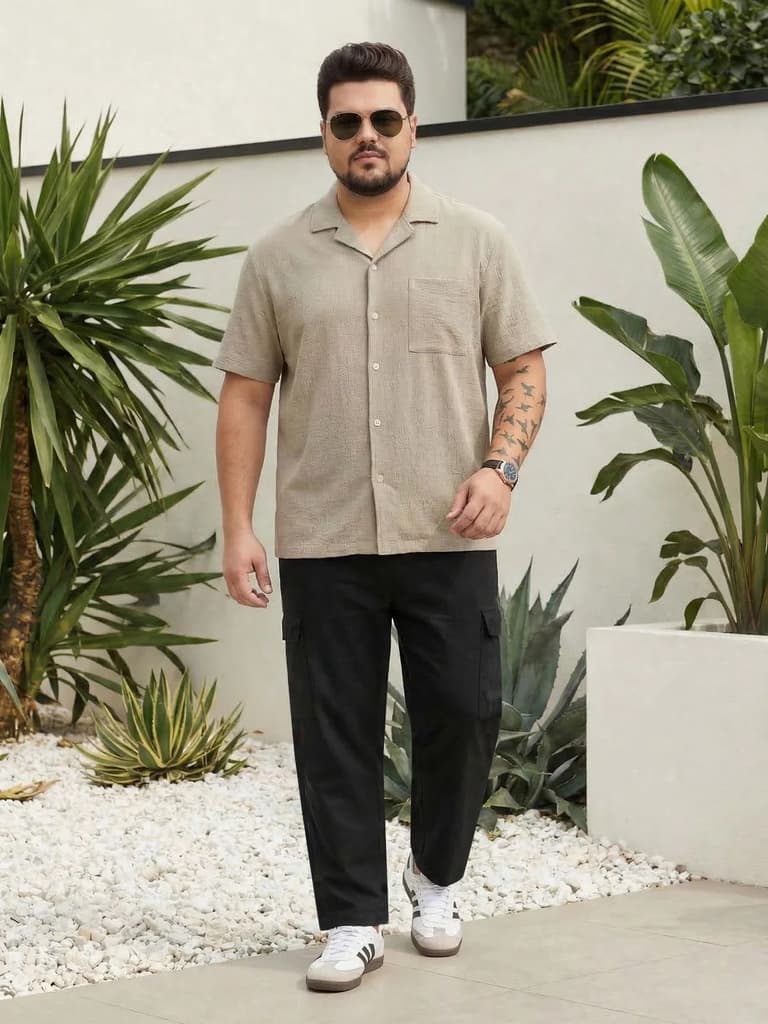 Plus Men's Black Straight Fit Linen Cargo Pants with 6 Pockets — photo 4