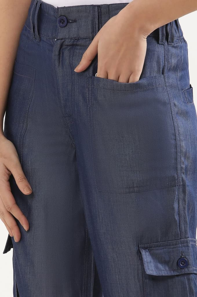 Blue Solid Straight Fit Lyocell Pants With Six Pockets — photo 7