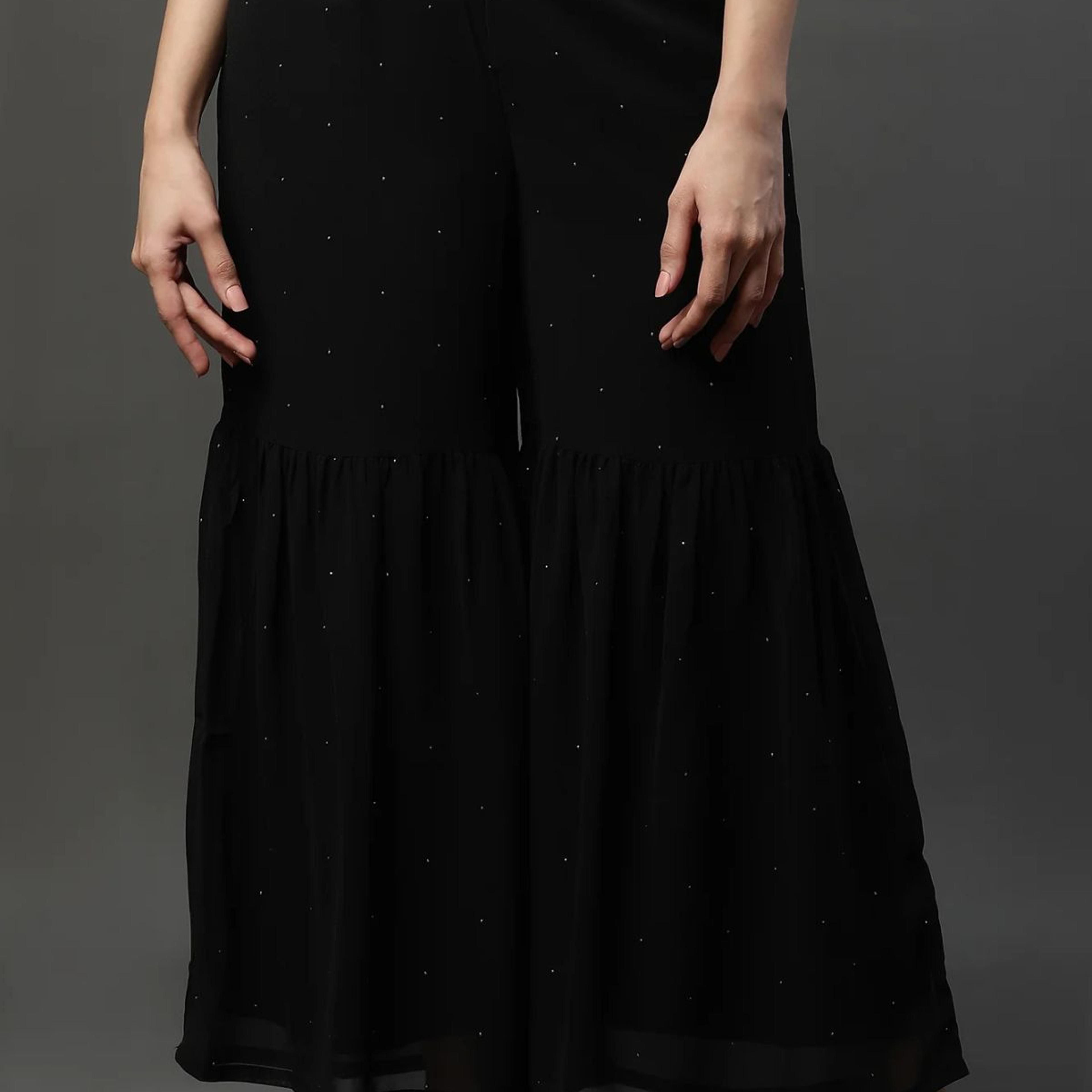 Black Polka Dots Printed Flared Georgette Sharara With Elasticated Waist