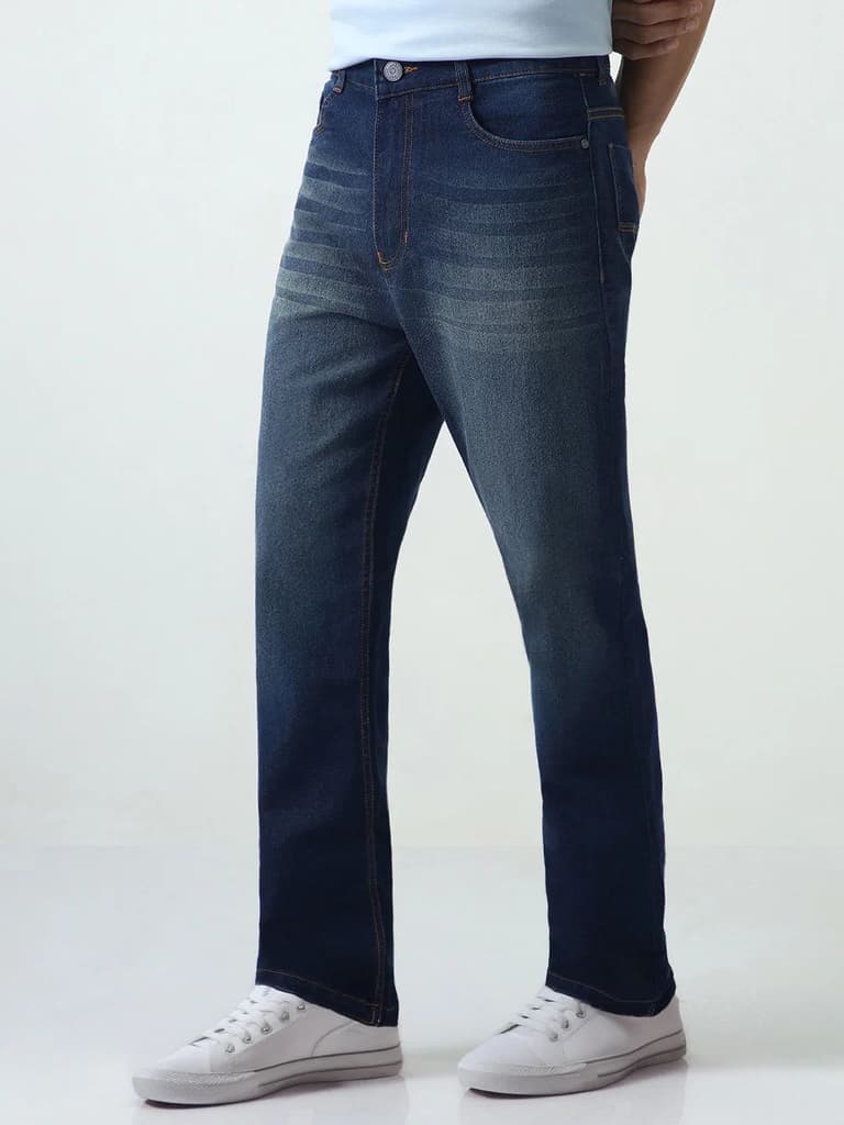 Men's Dark Blue Straight Fit Heavy Washed Jeans Stretchable — photo 2
