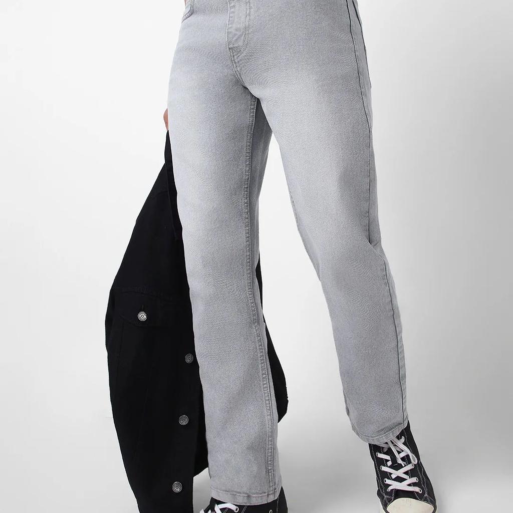 Men's Light Grey Straight Fit Washed Jeans Stretchable