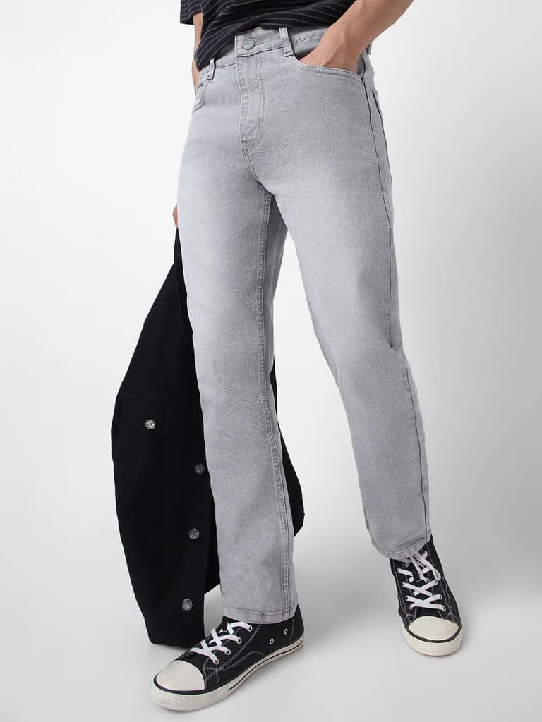 Men's Light Grey Straight Fit Washed Jeans Stretchable — 28 / Light Grey
