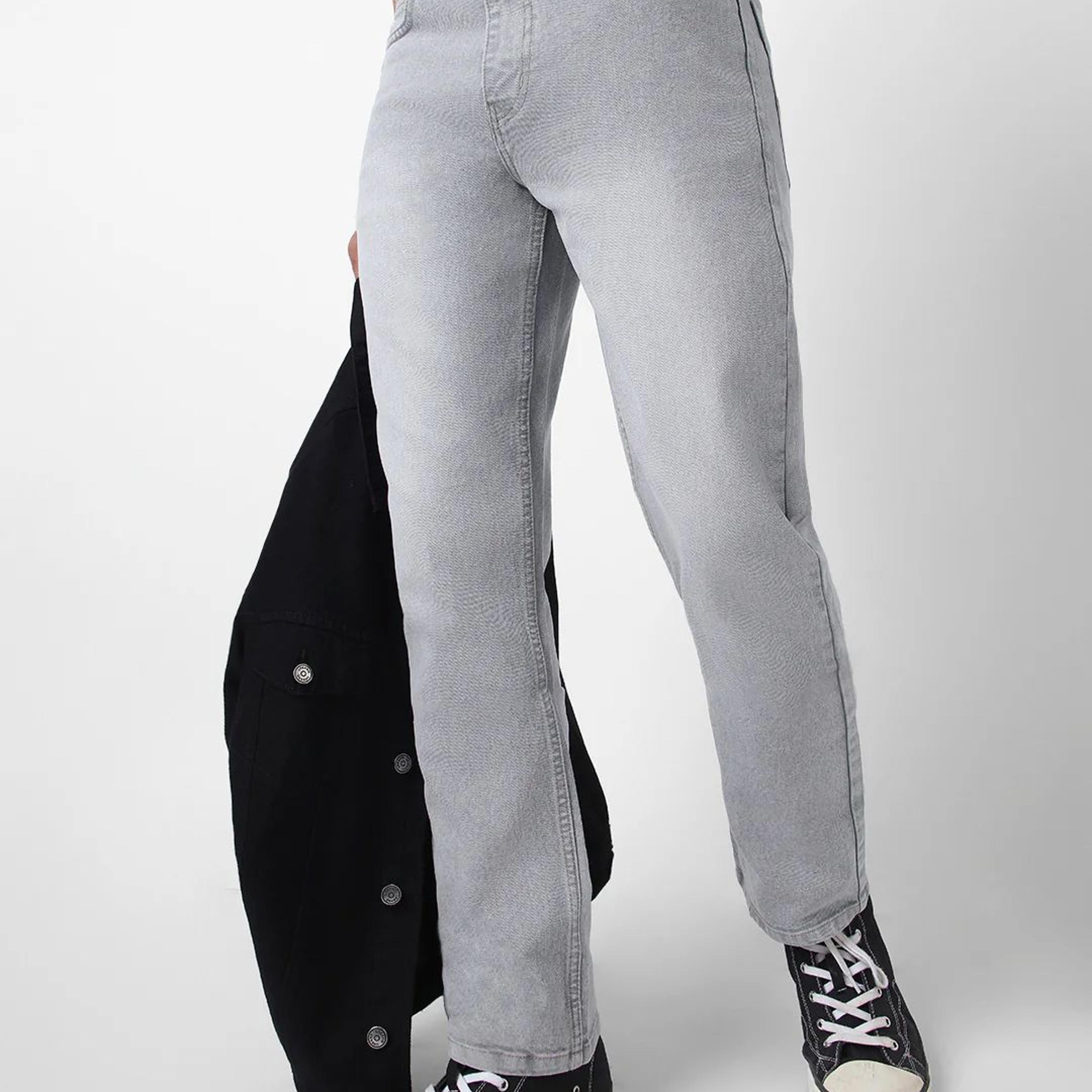Men's Light Grey Straight Fit Washed Jeans Stretchable