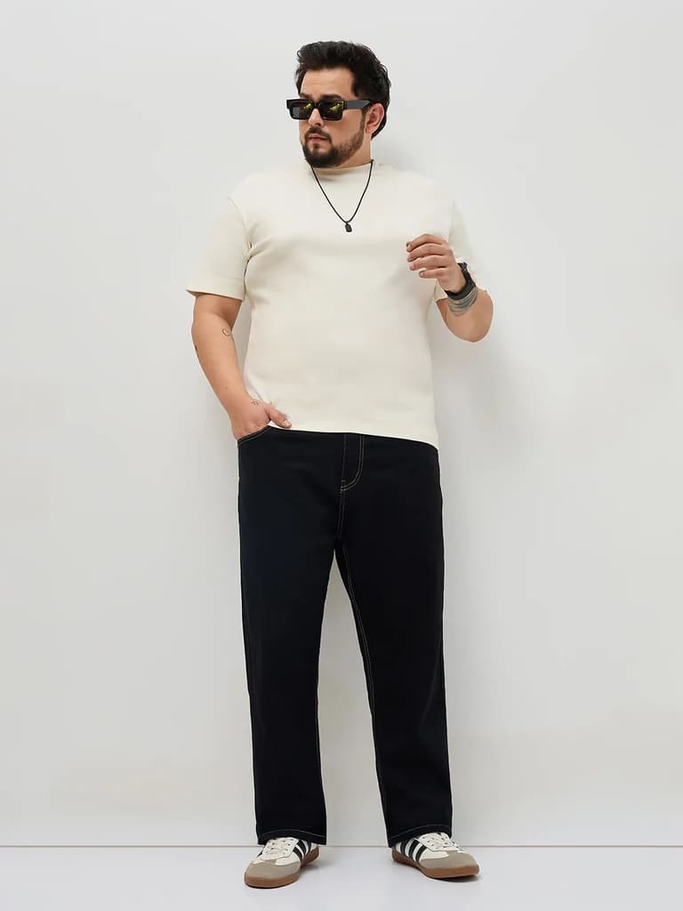 Plus Men's Black Straight Fit Raw Washed Denim Jeans Stretchable — photo 4