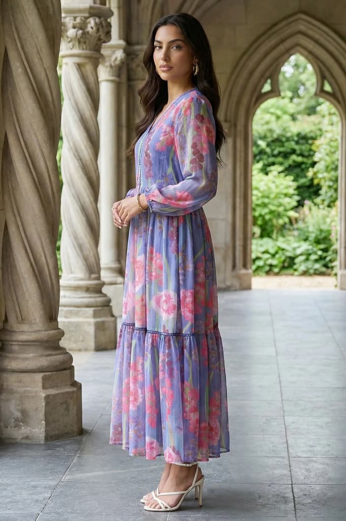 Blue Floral Printed Chiffon Flared Dress — photo 5