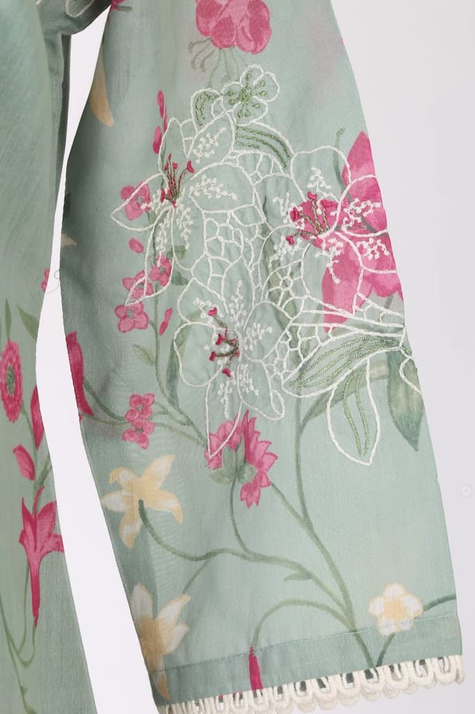 Sea Green Floral Printed Embroidered Chanderi Straight Kurta — photo 7