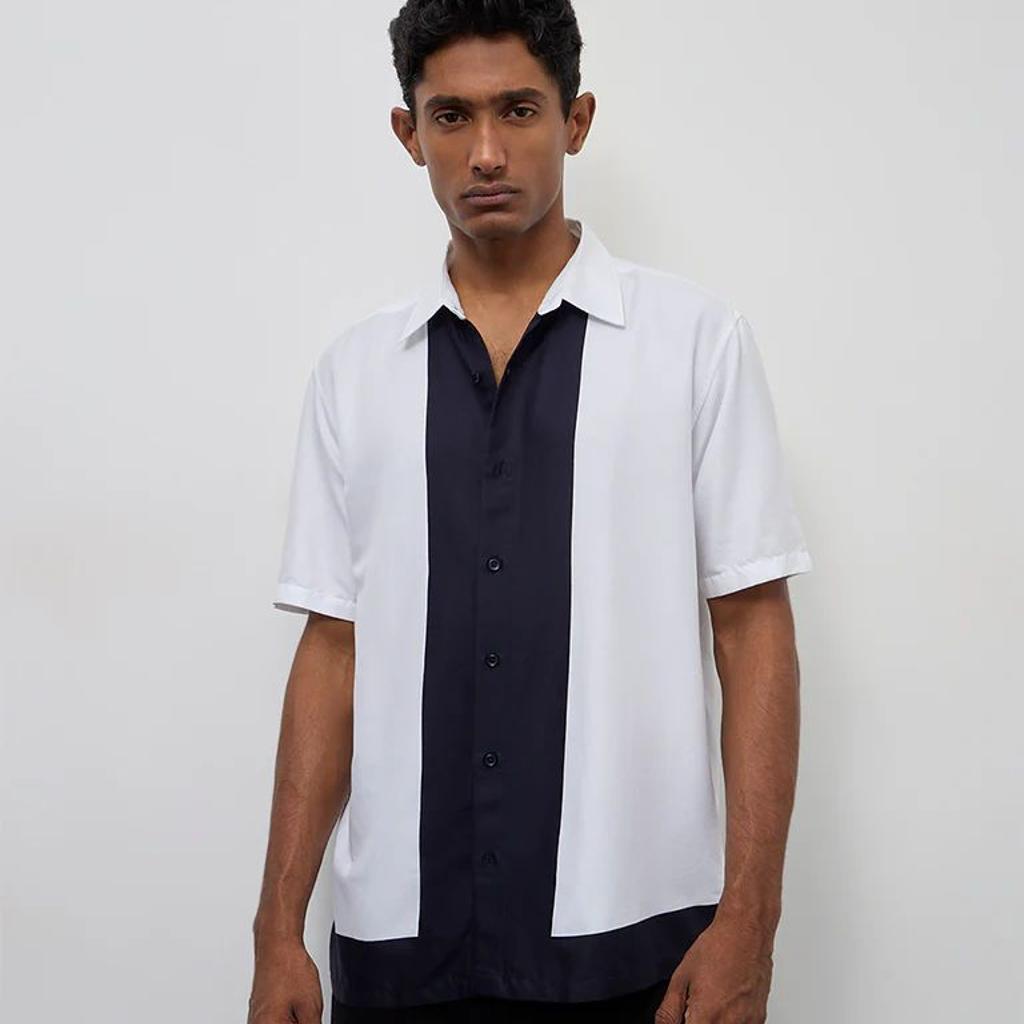 Ascot Off-White Color-Block Relaxed-Fit Cotton-Blend Shirt