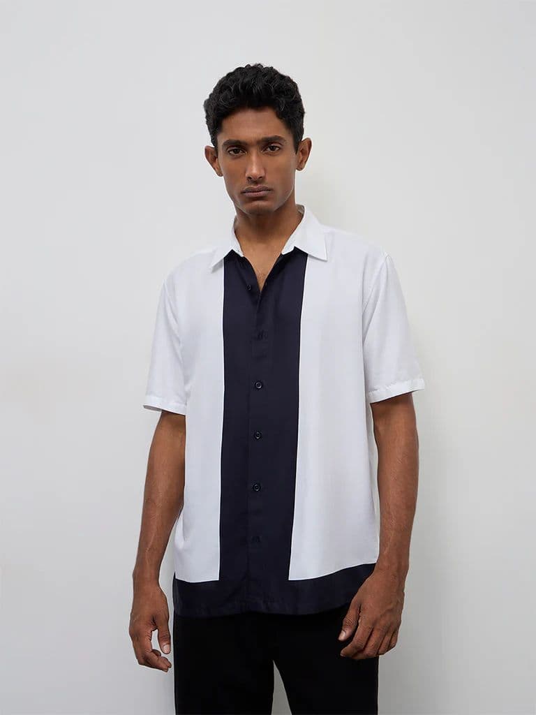 Ascot Off-White Color-Block Relaxed-Fit Cotton-Blend Shirt