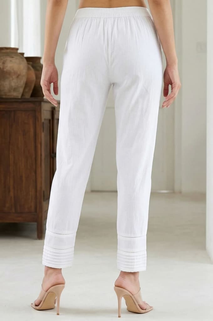 Elleven Women's White Solid Lace Pintucks Cotton Blend Tapered Fit Ankle Length Trousers — photo 3