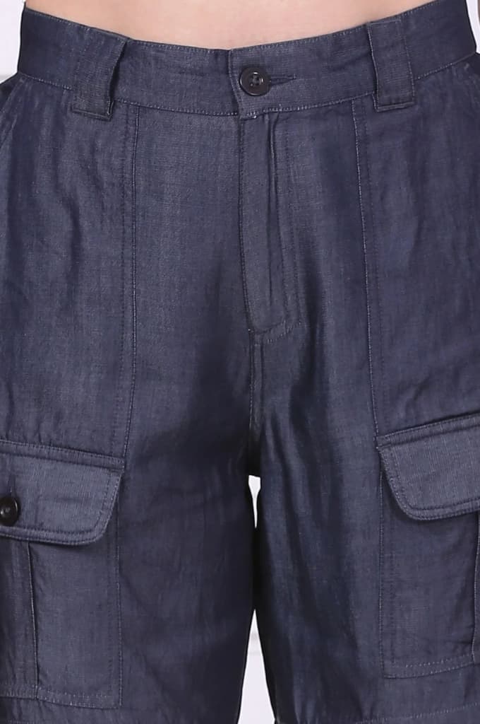 Blue Solid Mid Thigh Linen Shorts with YKK Zipper — photo 6