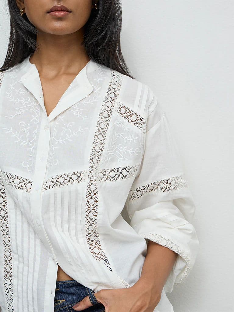 LOV Off-White Lace-Embroidered Cotton Blouse — photo 3
