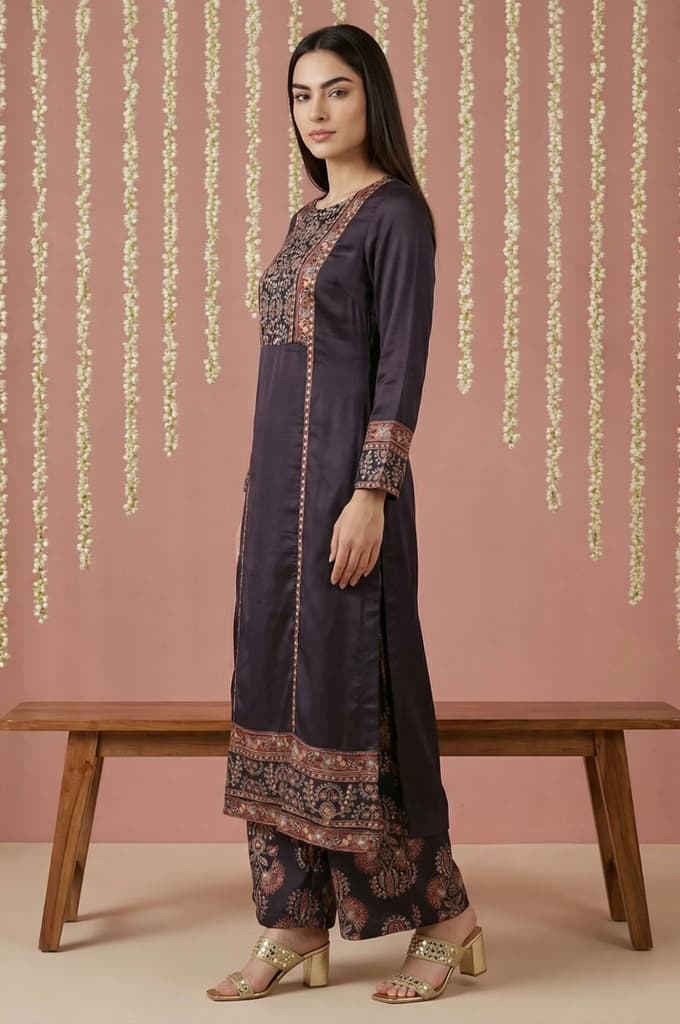 Black Floral Printed Satin Straight Kurta with Parallel Pant and Dupatta Set — photo 3