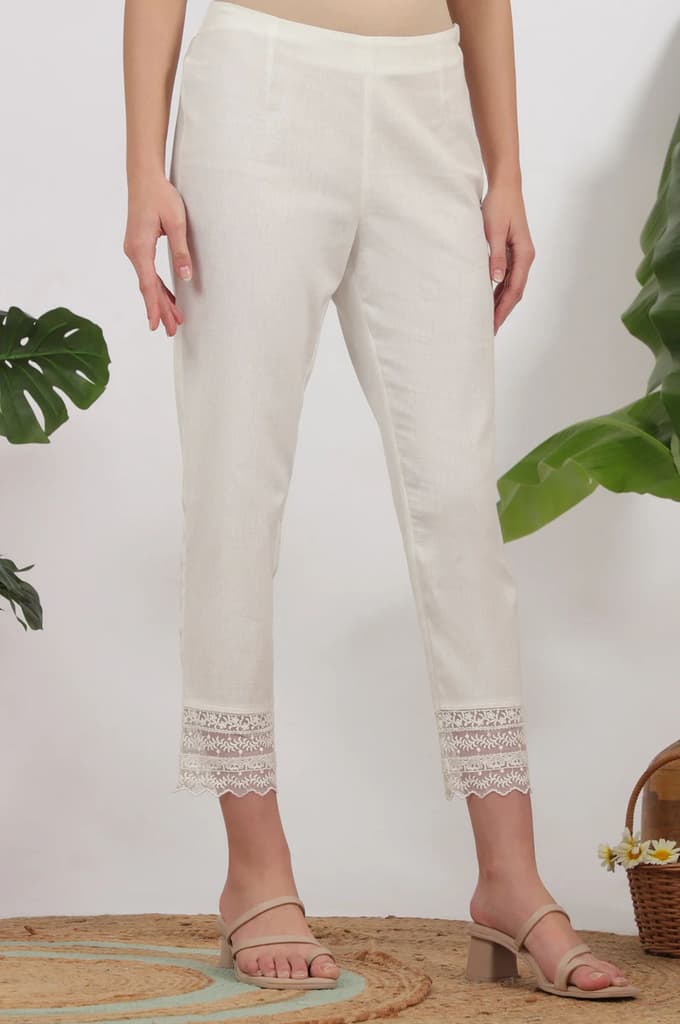 White Solid Cotton Flax Slim Pants with Lace — photo 5