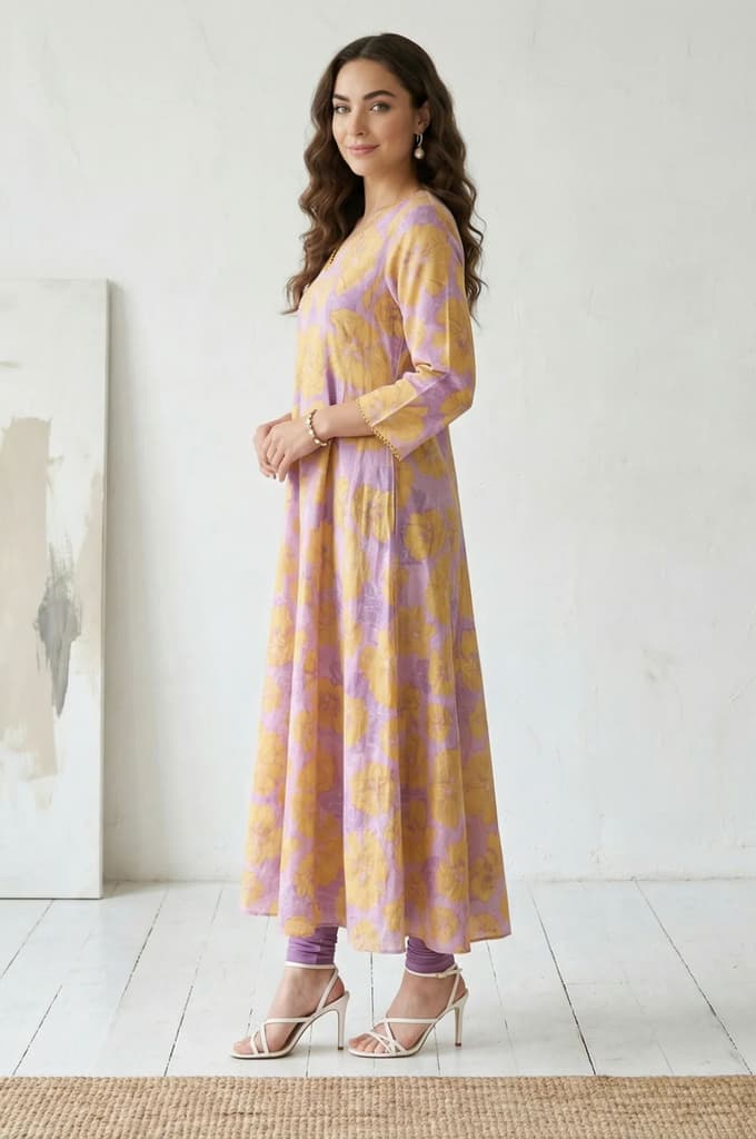 Lavender Bold Floral Printed Pure Cotton A-line Kurta — photo 3