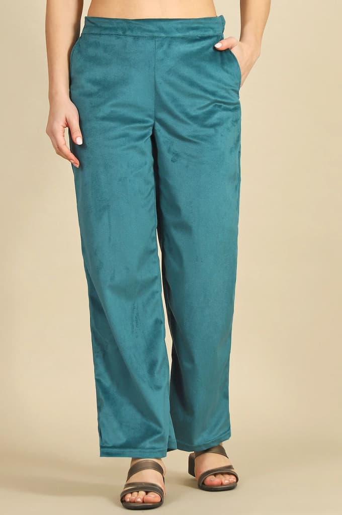 Green Solid Straight Fit Pants with YKK Zipper — photo 2