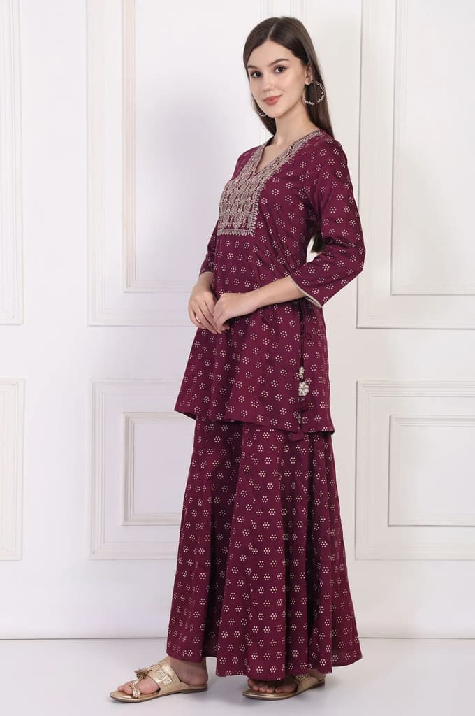 Maroon Embroidered A-Line Rayon Kurta with Sharara and Dupatta Set — photo 5