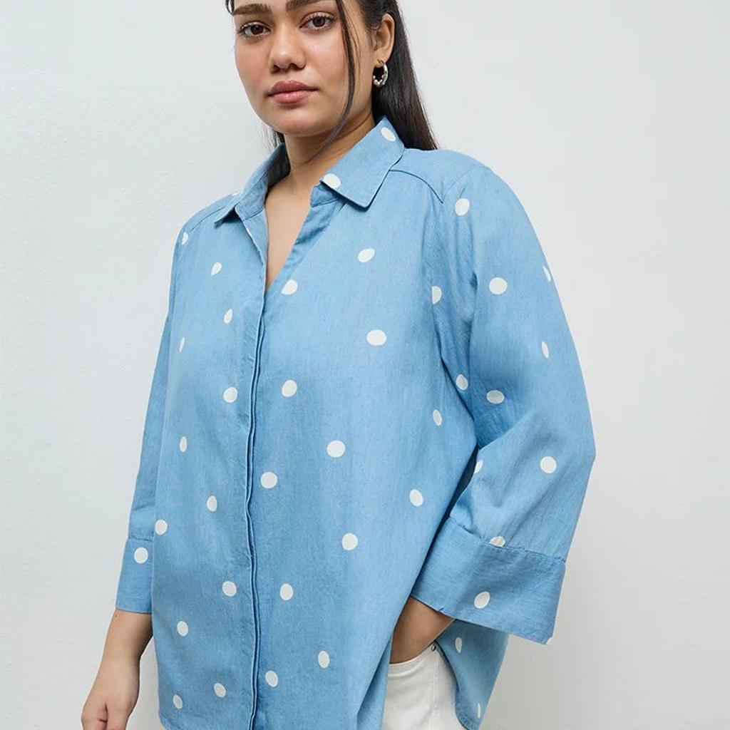 Gia Light Blue Polka-Dot Printed Cotton Shirt