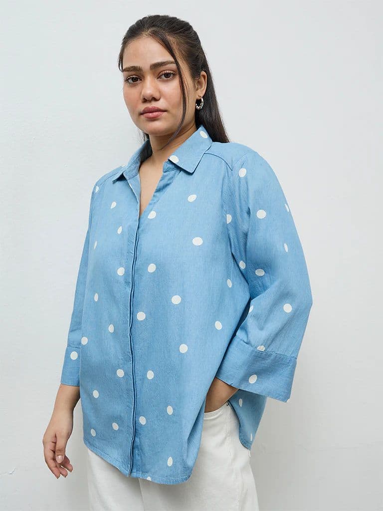 Gia Light Blue Polka-Dot Printed Cotton Shirt