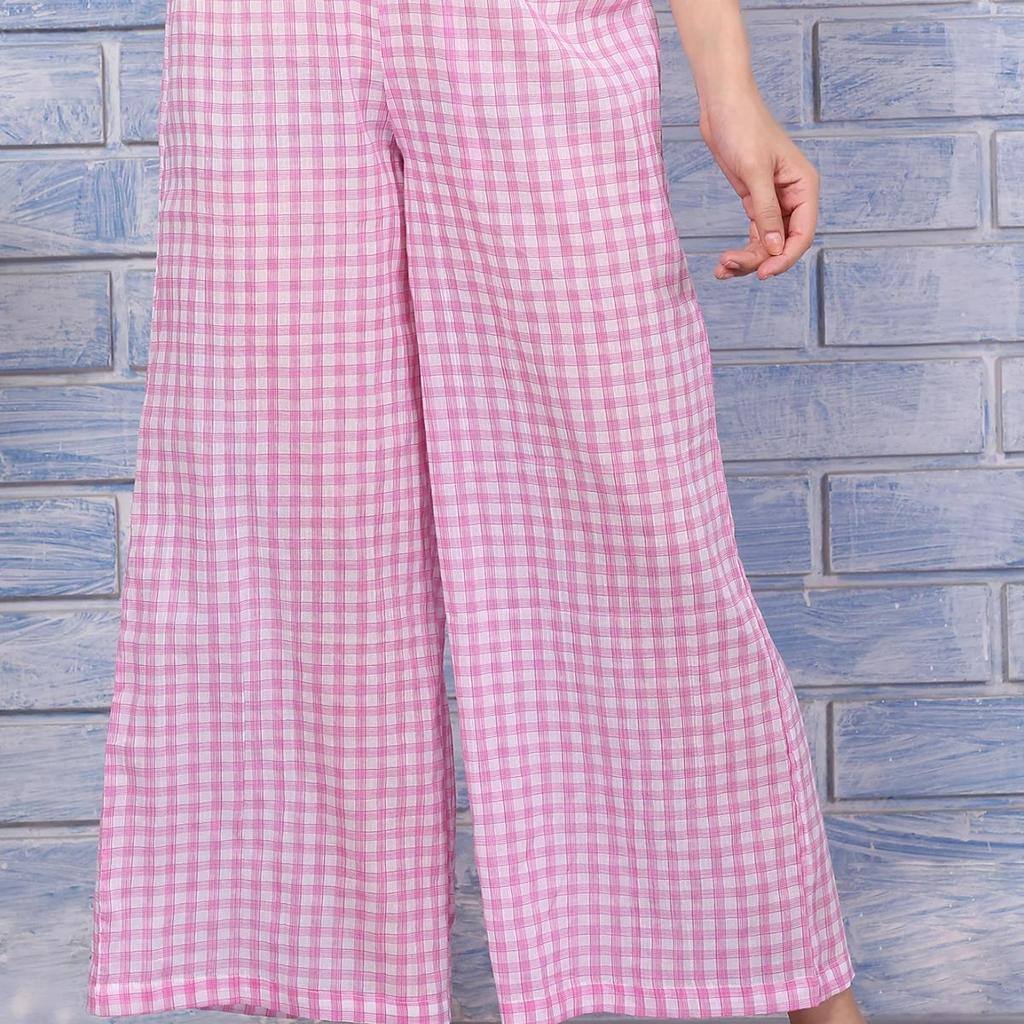 Pink Checkered Ankle Length Pure Cotton Pants