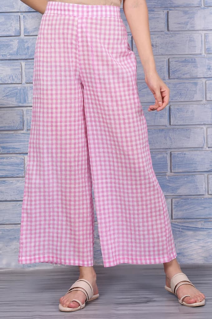 Pink Checkered Ankle Length Pure Cotton Pants — S
