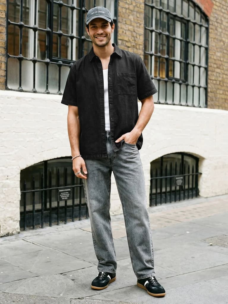 Men's Black Oversized Fit Half Sleeve Solid Casual Denim Shirt — photo 4